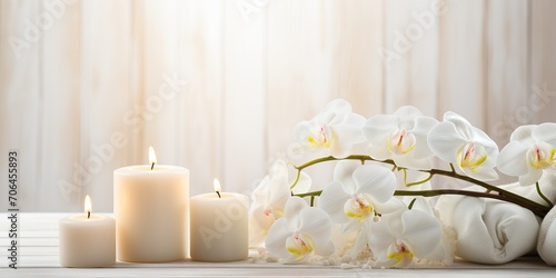 Spa still life concept Close up of spa theme on white wood background with burning candle and orchid