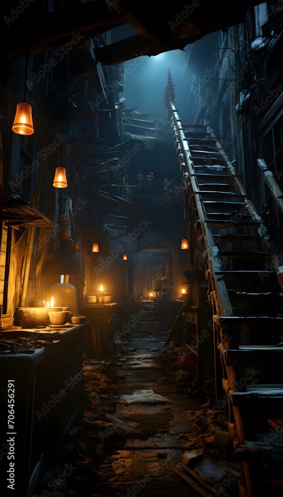 Mysterious corridor in the old city at night. Halloween concept