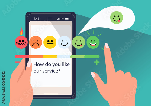 Set of Emoji Colored Flat Icons. Hands Hold Phone and pointing to the screen with Emoticons element of UI design for client service rating. Vote Scale Symbol Set. Vector illustration