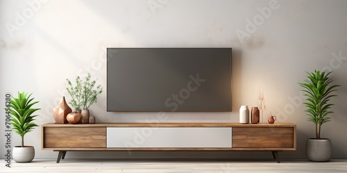 Television put on tv stand wood table  in minimal empty space luxury room background