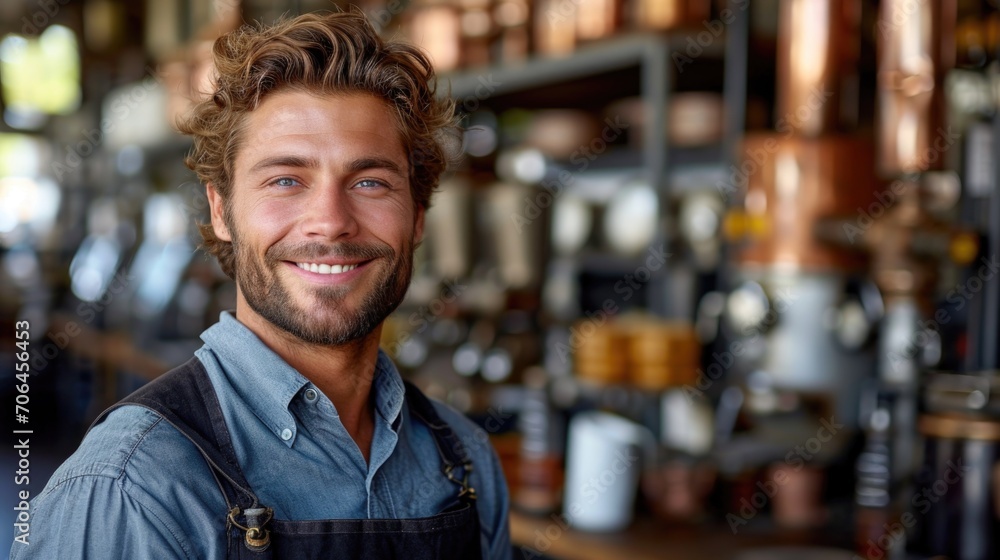 a man wearing a brown apron working in cafe or restaurant background. Small business startup concept