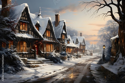 Winter village in the evening with a snow-covered road and houses