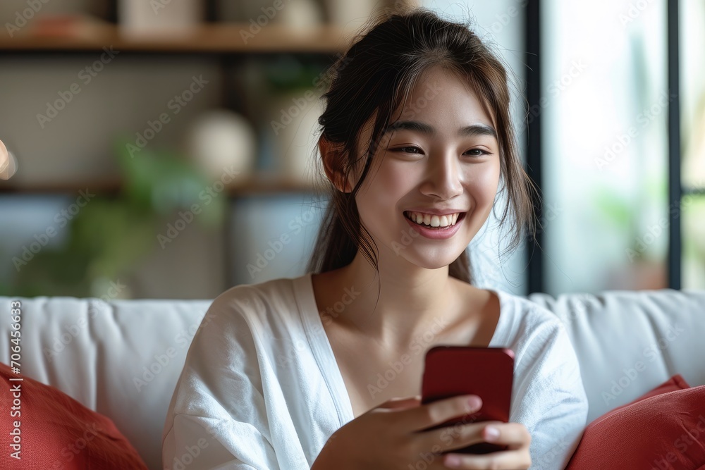 Excited Asian woman hold phone chatting in dating app feel happy sit on sofa at home. Generative AI. Excited Asian woman hold phone chatting in dating app feel happy sit on sofa at home. Generative AI.