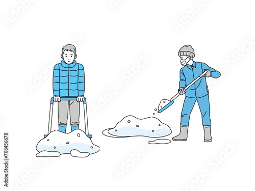 除雪、雪かきをする男性のイラスト