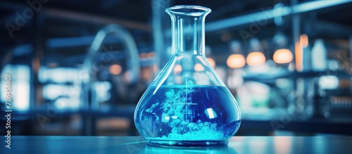 Flask filled with blue liquid in chemical lab.