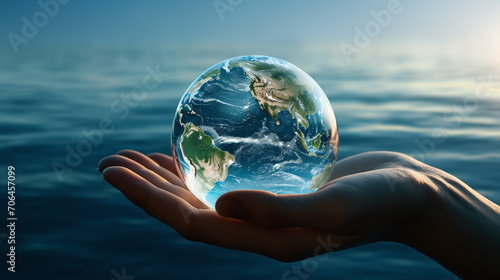 Hand holding earth globe near lake. World water day concept.