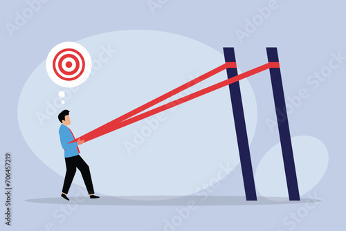 Businessman in a slingshot ready to launch to target 2d flat vector illustration