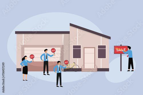 The realtor shows the house for sale 2d flat vector illustration