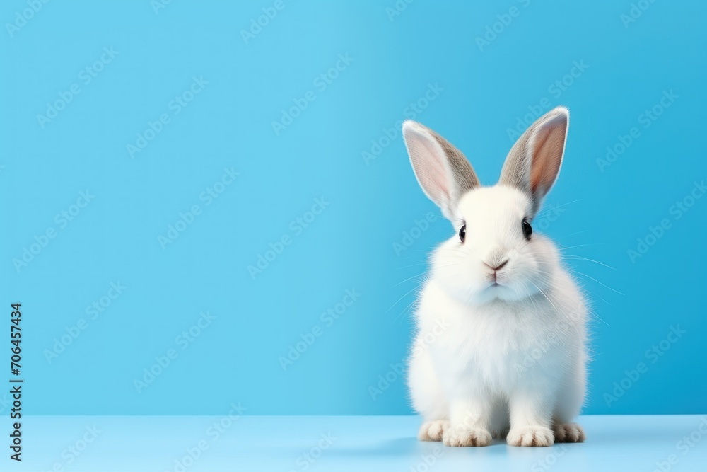 Cute white rabbit on blue background with copy space for text Cute white rabbit on blue background with copy space for text