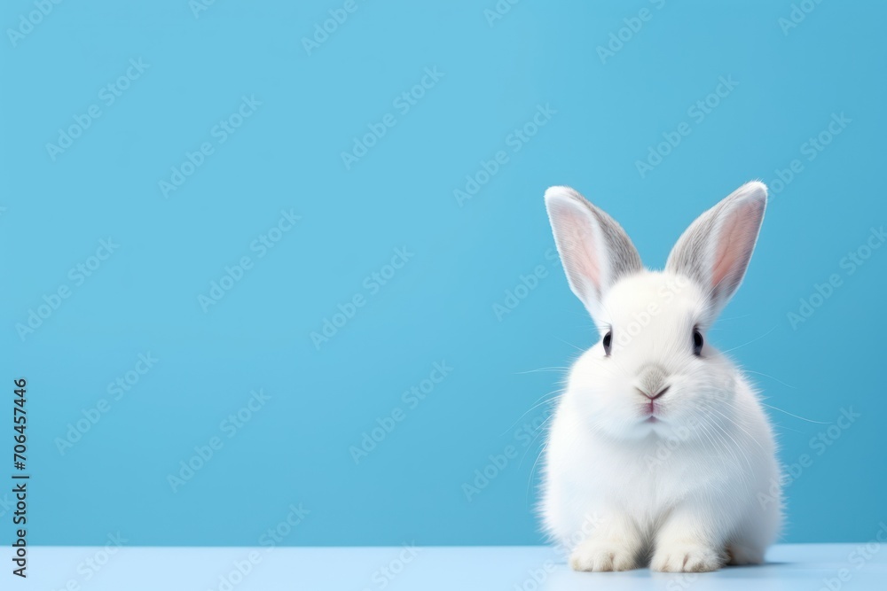 Cute white rabbit on blue background with copy space for text Cute white rabbit on blue background with copy space for text