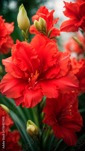 photo close up on beatifull red gladiolus flower very details. AI generated