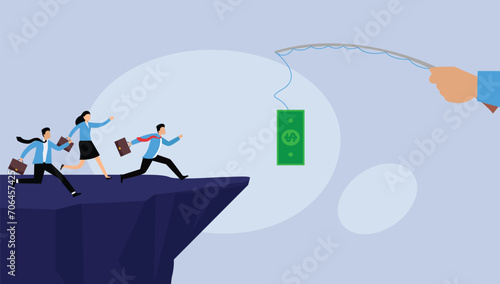 People running after dangling dollar 2d flat vector illustration