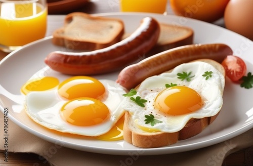 English breakfast: fried eggs, eggs, toast, sausages, orange juice on white plate on wooden table.