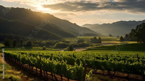 Landscape of vineyard at sunset with mountains in the background.