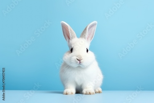 Cute white rabbit on blue background with copy space for text