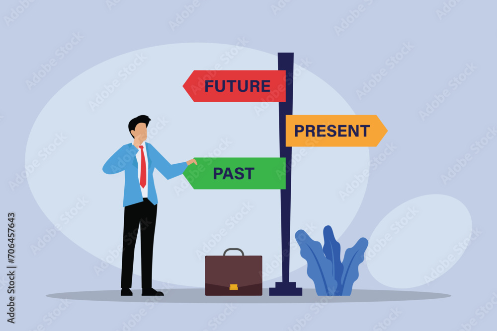 Businessman with Future past present sign post 2d flat vector illustration Businessman with Future past present sign post 2d flat vector illustration