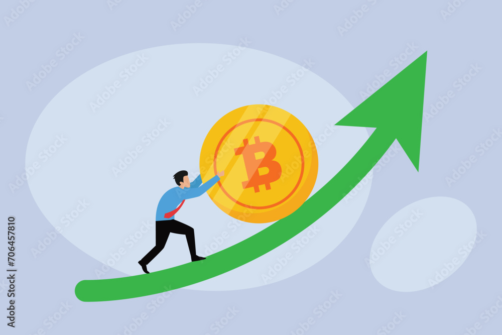 Bitcoin and crypto price rising up, soaring and price increase 2d flat vector illustration Bitcoin and crypto price rising up, soaring and price increase 2d flat vector illustration