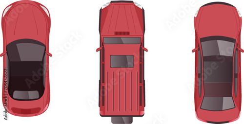 top view flat cartoon of car vehicle with many color