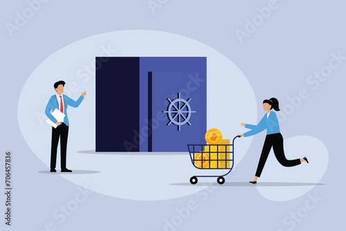 Bitcoin miner put btc coins in a safety vault 2d flat vector illustration