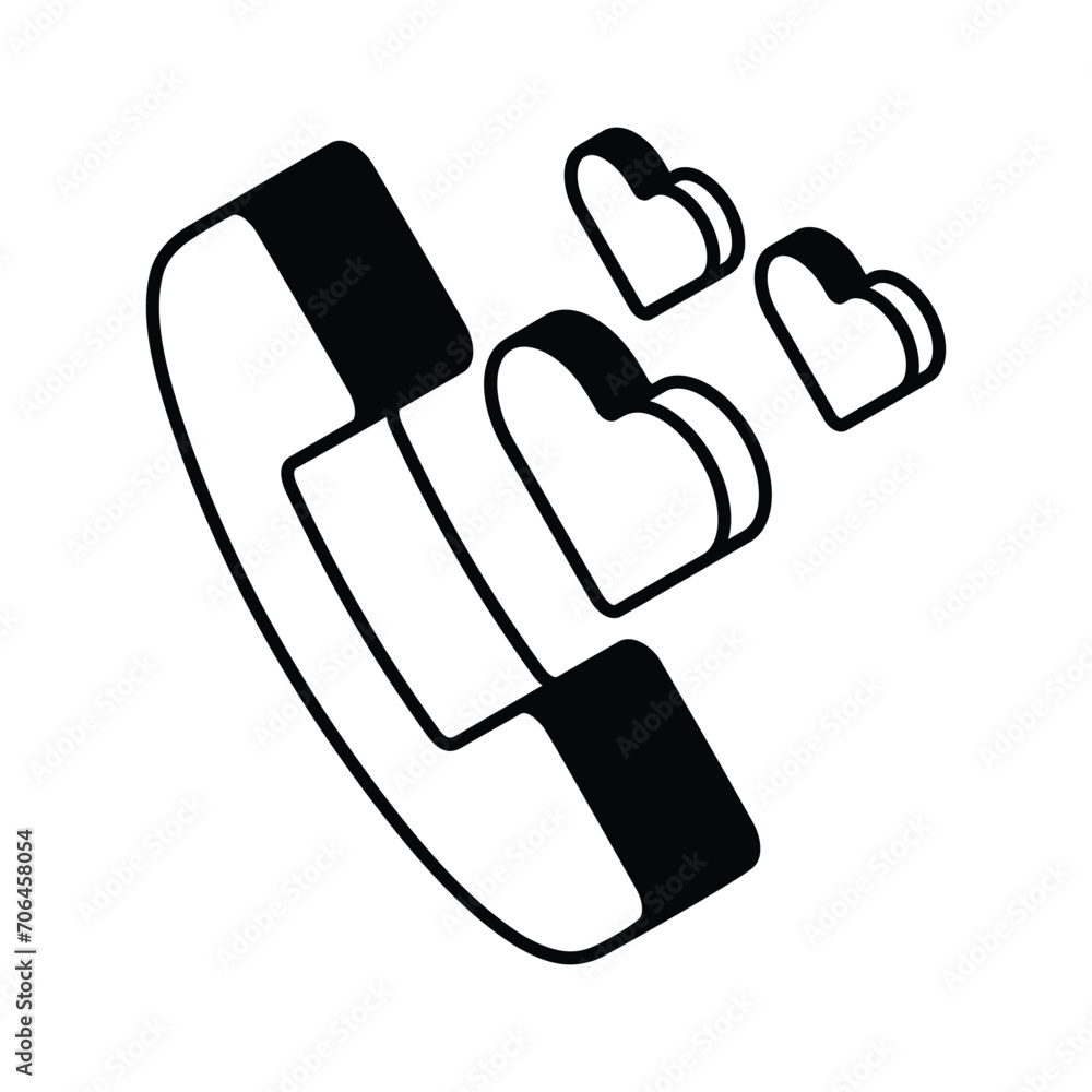 Phone receiver with heart symbol showing icon of love calls, romantic calls vector design