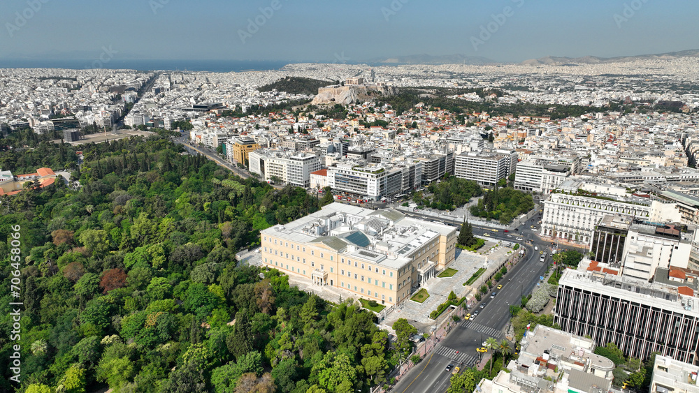 Aerial photo of famous Greek Parliament building in syntagma square in the heart of Athens historic centre, Attica, Greece Aerial photo of famous Greek Parliament building in syntagma square in the heart of Athens historic centre, Attica, Greece