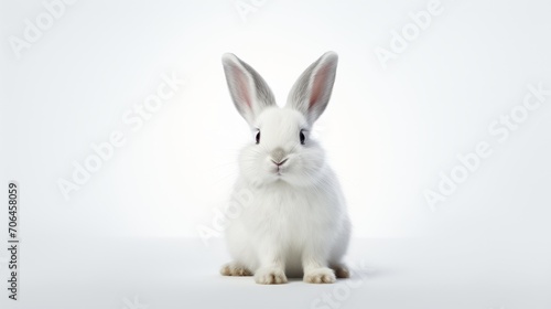 Photo of Little white rabbit on a white background. Easter, holiday, animals, spring concepts.