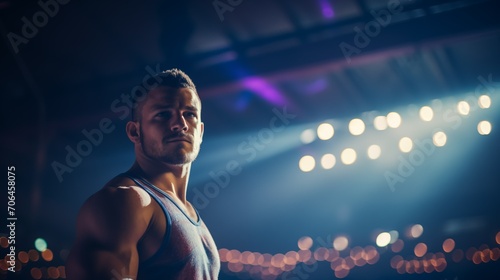 Portrait of a wrestler in a wrestling hall, illuminated by floodlights, with an empty space