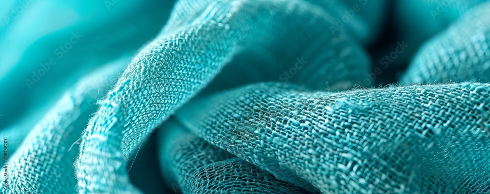 Close up of fabric for interior upholstery/decoration in turquoise tone colours. Space for text. AI generated image. - obrazy, fototapety, plakaty 