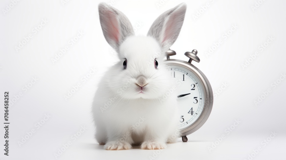 Obraz premium Close-up of a beautiful cute White rabbit with an alarm clock on a white background. Easter, holiday, animals, spring concepts.