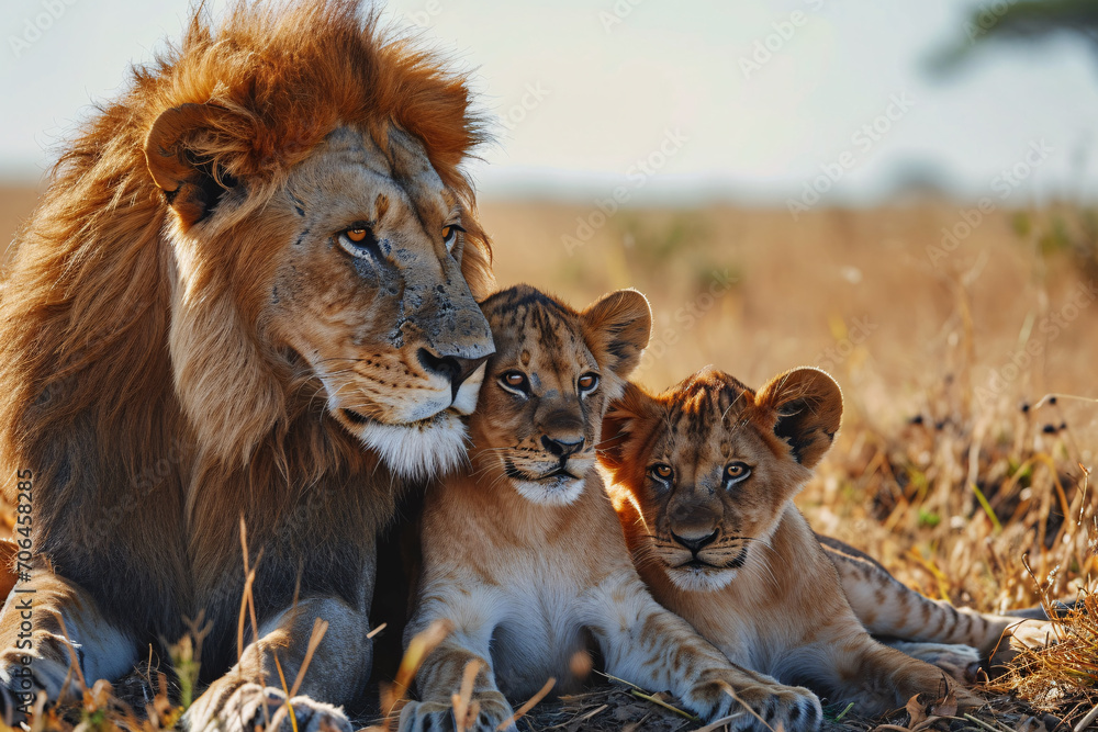 Lovely lion family endangered animal wildlife, lion father with cubs. Lovely lion family endangered animal wildlife, lion father with cubs.