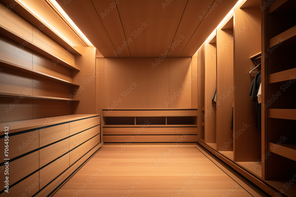 Obraz premium Walk in closet interior design, empty warm wooden walk in wardrobe in modern luxury and minimal style.