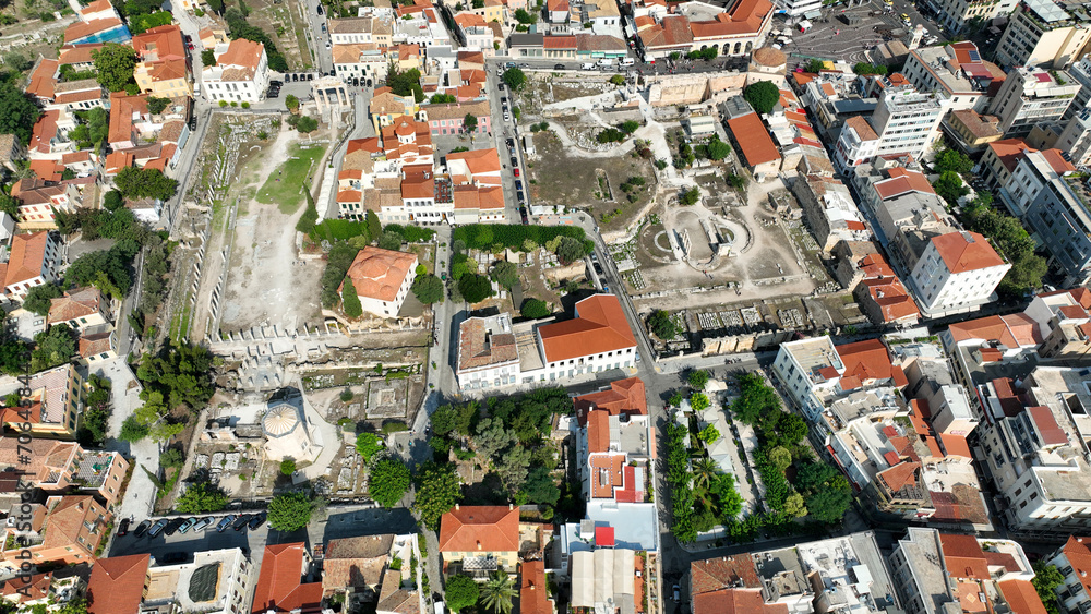 Aerial drone photo of iconic and picturesque Plaka and Monastiraki districts - Roman forum, Athens historic centre, Attica, Greece