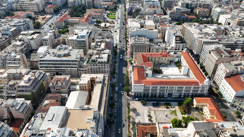 Fototapeta premium Aerial drone photo of Athens historic centre urban dense cityscape a popular tourist attraction, Attica, Greece