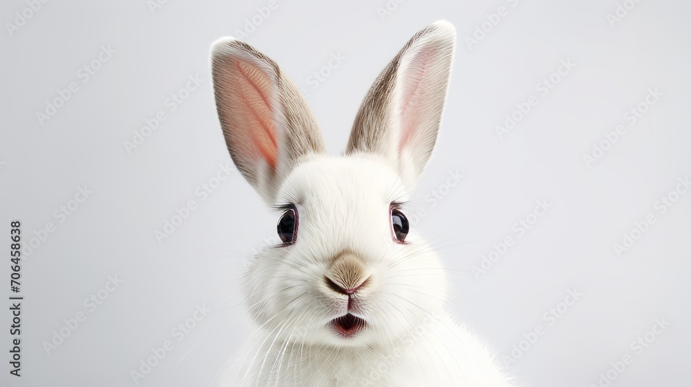 Close-up of Portrait of a white cute rabbit with surprised expression on a white background. Easter, holiday, animals, spring concepts. Close-up of Portrait of a white cute rabbit with surprised expression on a white background. Easter, holiday, animals, spring concepts.