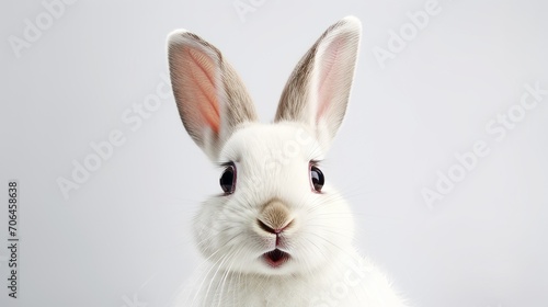 Close-up of Portrait of a white cute rabbit with surprised expression on a white background. Easter, holiday, animals, spring concepts. © liliyabatyrova