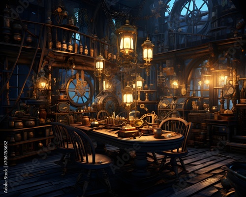 3D illustration of a ship's interior in a fantasy style.