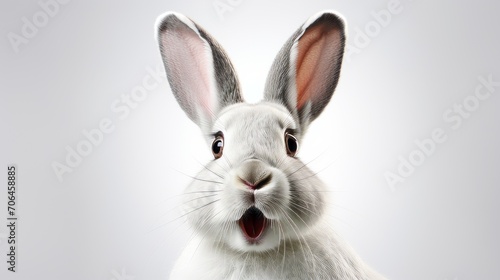 Portrait of a white cute rabbit with surprised expression on a white background. Easter, holiday, animals, spring concepts. © liliyabatyrova