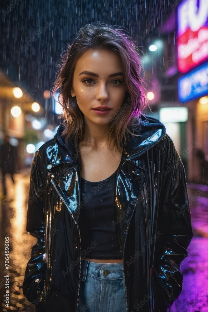 Portrait of pretty young wet woman on a city street in a rainy weather. Generative AI