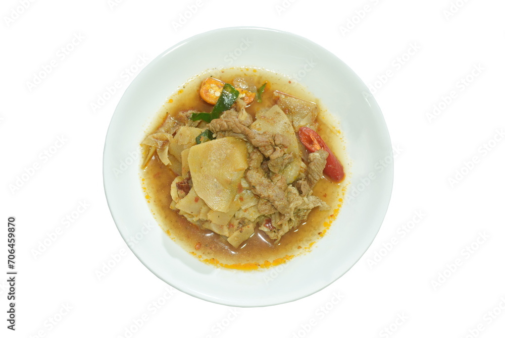 spicy fried slice pickled bamboo shoot with beef meat in curry sauce on plate spicy fried slice pickled bamboo shoot with beef meat in curry sauce on plate