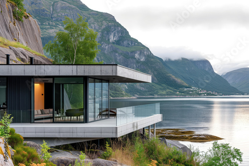 Contemporary home made of concrete and glass situated on the shores of a Norwegian fjord. Early in the morning