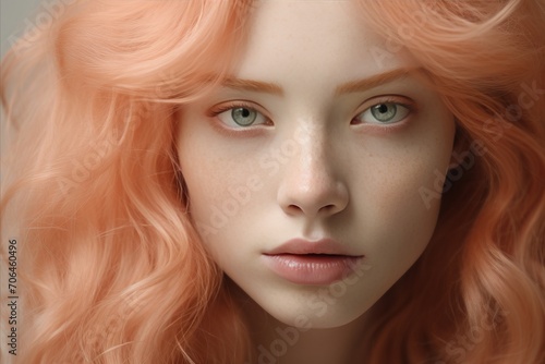 Close up portrait of woman with peach fuzz colored hair on pastel peach studio background