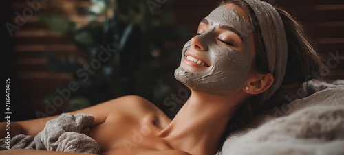 Self-care with a natural clay face mask for woman in spa salon. Woman with natural clay mask on face. Horizontal photo for banners, posters, gift cards, advertising.