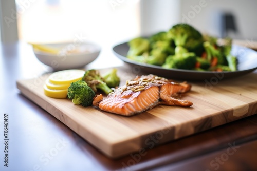 teriyaki salmon with steamed broccoli on a wooden board