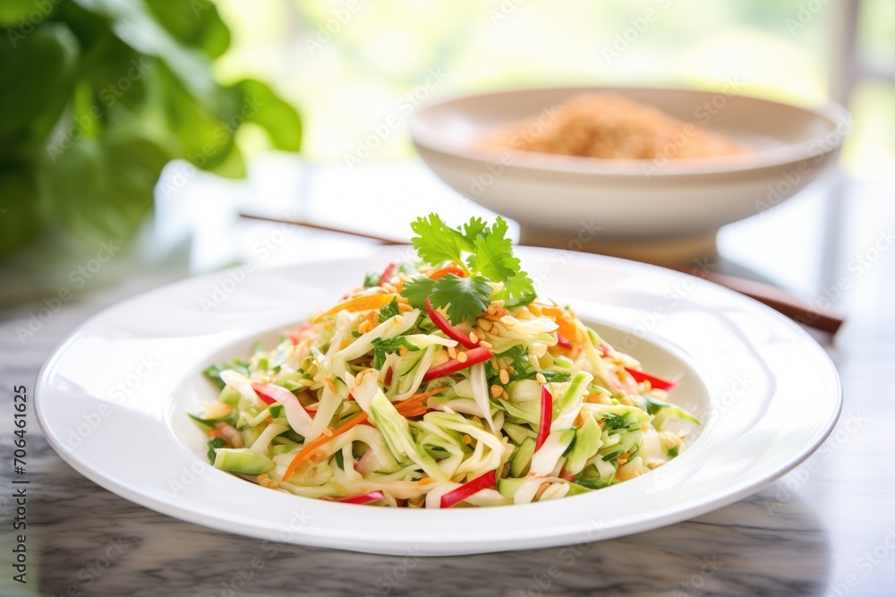 asian slaw in white porcelain, ginger dressing on side asian slaw in white porcelain, ginger dressing on side