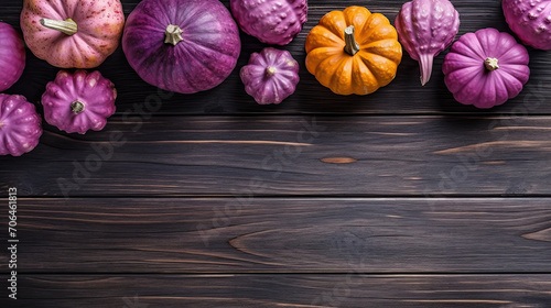A group of pumpkins on a dark magenta color wood boards