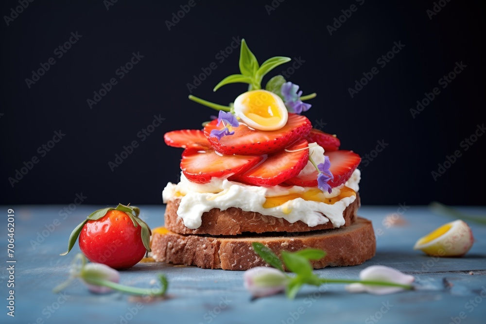 bagel with cream cheese and strawberry slices on top