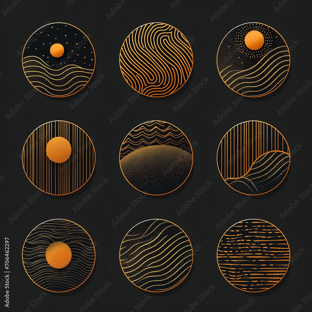 Set of Instagram Highlight Covers Icon, Social media set in boho landscape travel style. Gold and Black Abstract Icons isolated on darl black background.