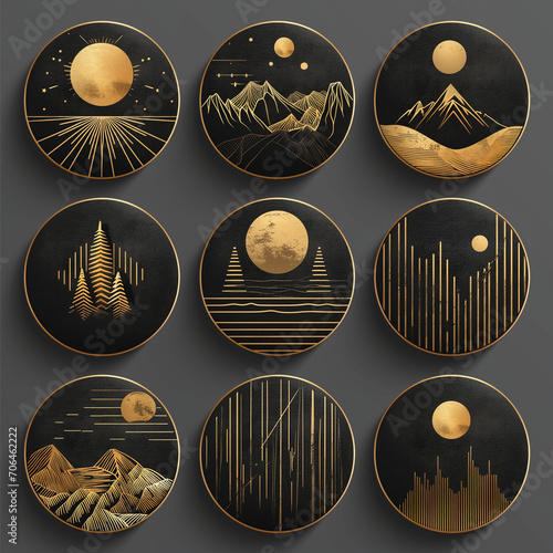 Set of Instagram Highlight Covers Icon, Social media set in boho landscape travel style. Gold and Black Abstract Icons isolated on darl black background.
