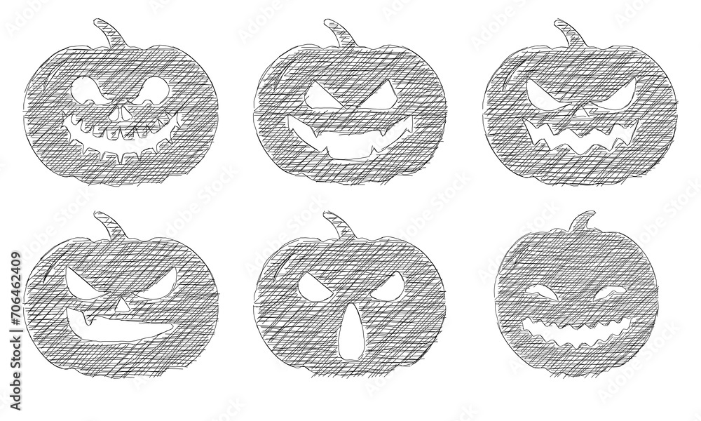 Fototapeta premium Set of Halloween pumpkin on transparent background, sketch drawing