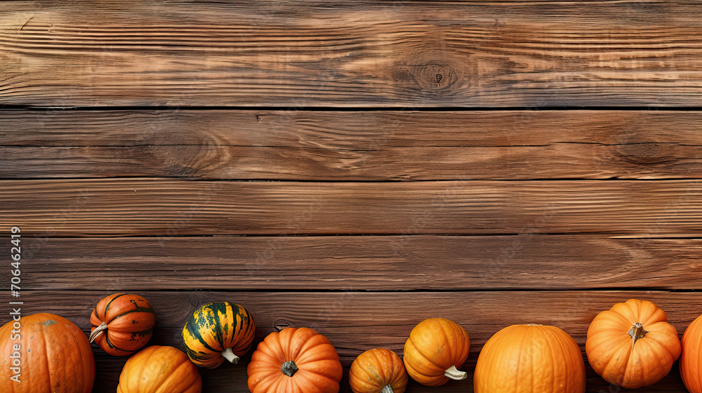 A group of pumpkins on a vivid brown color wood boards A group of pumpkins on a vivid brown color wood boards